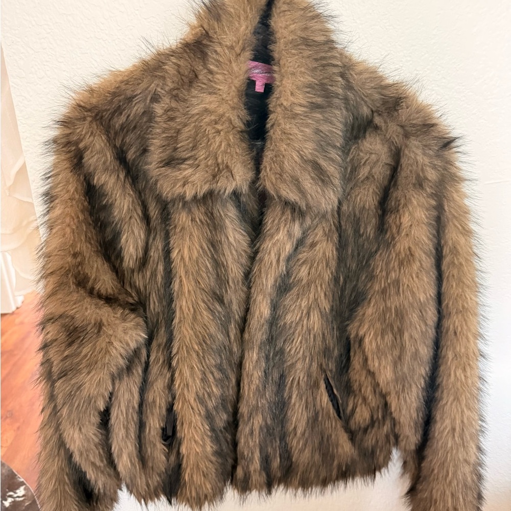 Edikted Brown Faux Fur Teddy Jacket with Fold Collar